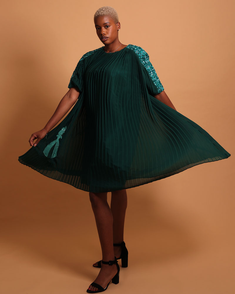 Robe verte plissée mi-longue pour femme - La robe luxe femme Plume